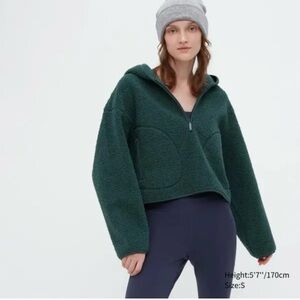 Uniqlo Windproof Outer Sherpa Fleece Hooded BLACK Half-Zip Pullover Shirt Size S